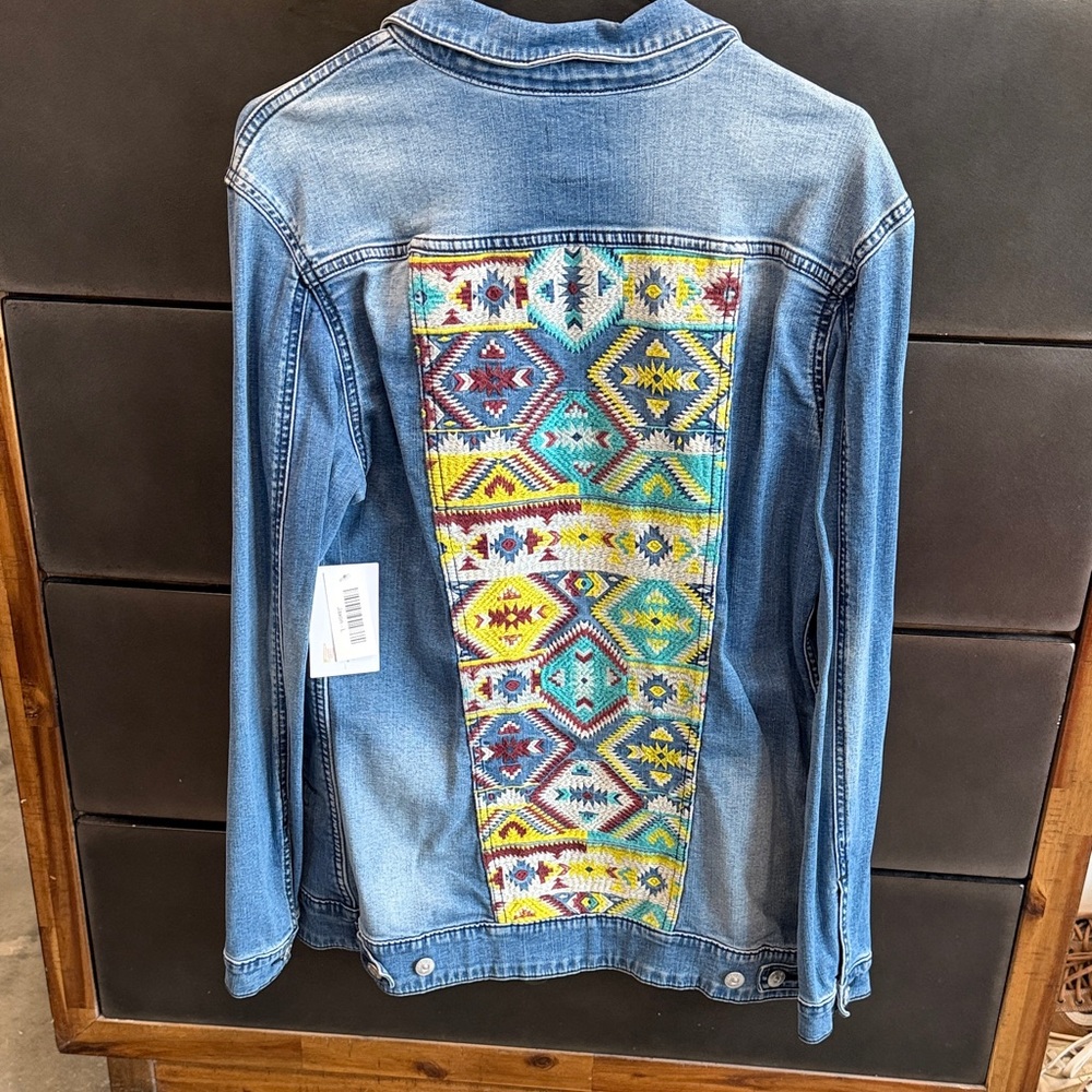 LuLaRoe Blue Jean Jacket with Colorful Pattern